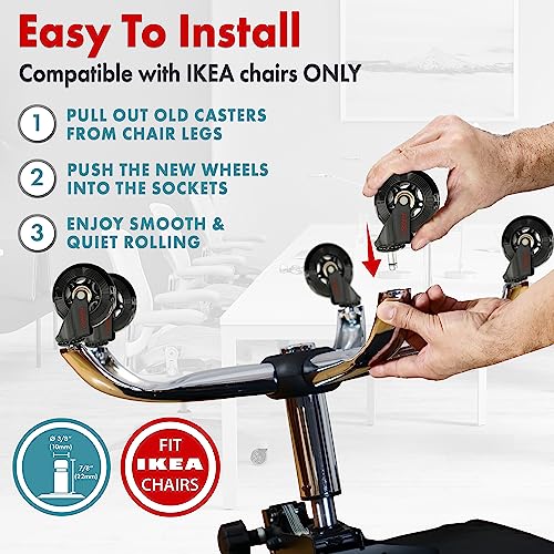 Professional Office Chair Wheels 10mm Stem - FIT IKEA Chairs ONLY - 3'' Replacement Rubber Chair Casters - Best Protection for Your Hardwood Floors Without Any Chair MATS