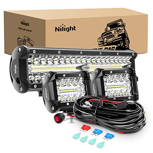 Nilight LED Light Bar Set, 12 Inch 300W Triple Row Spot Flood Combo Work Driving Lamp, 2 Pcs 4 inch 60 W with Wiring Harness for Off Road ATV Boat Lighting