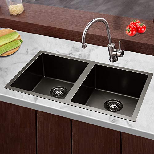Cefito Kitchen Stainless Steel Sink 77 x 45cm Double Bowl Black Square Basin Sinks Handmade, Laundry Bar Home, Premium Quality Rust Resistant R10 Corner with Waste Strainer