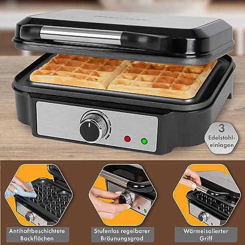 ProfiCook® Waffle iron for Belgian waffles with 2 baking surfaces, waffle iron, Belgian waffle, non-stick baking surface, infinitely selectable browning level, stainless steel, 1000 watts, PC-WA 1240