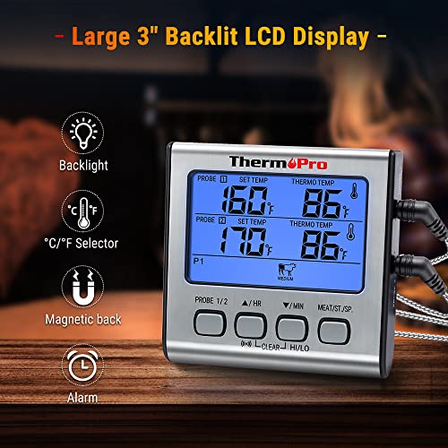 ThermoPro TP17 Digital Meat Thermometer with Dual Temperature Probe Large Backlight LCD Food Thermometer with Timer for Kitchen Oven BBQ Cooking Thermometer