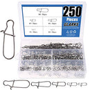 Glarks 250Pcs #1#2#4#6#8 Strong Stainless Steel Duo Lock Snaps Nice Swivel Slid Rings Fishing Lure Hook Connector Freshwater Saltwater Fishing Gear Accessories Assortment Kit - Test: 40LB-220LB