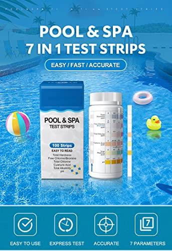 7 in 1 Pool Test Strips, 100pcs, Pool & Spa Test Strips, Water Quality Testing Strip for Hardness, Chlorine, Bromine, pH, Alkalinity, and Cyanuric Acid in Freshwater Saltwater Swimming Pool