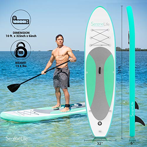 SereneLife Inflatable Stand Up Paddle Board (6 Inches Thick) with Premium SUP Accessories & Carry Bag | Wide Stance, Bottom Fin for Paddling, Surf Control, Non-Slip Deck | Youth & Adult Standing Boat