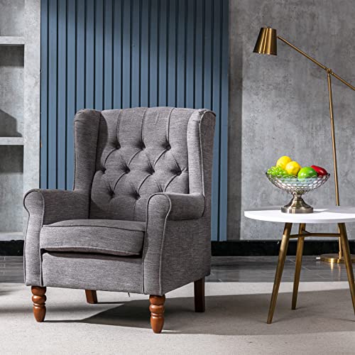 COLAMY Living Room Accent Chairs Set of 2, Thick Upholstered Button Tufted Wingback Armchair Fabric Mid-Century Modern Sofa Arm Chair, Solid Wood Legs Padding Seat, Grey