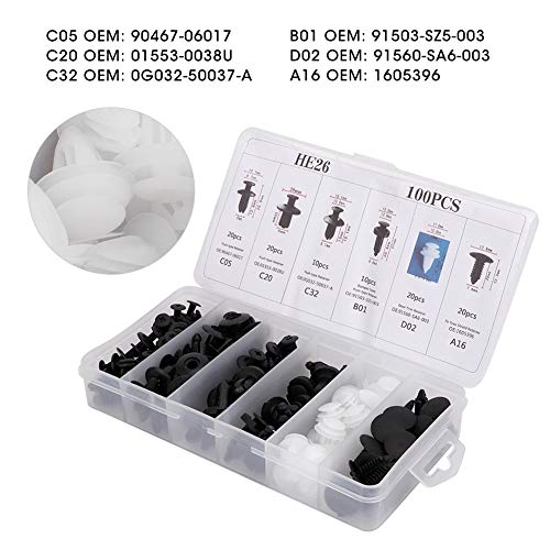 100Pcs Car Body Trim Clips HE26 Car Retainer Clips & Plastic Fasteners Kit - 6 Kinds Nylon Bumper Auto Push Pins Rivets Set Universal Auto Clips Fasteners Tools for G-M