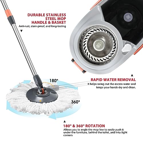 Mop and Bucket Set Spin Mop Bucket with 4 Microfiber Mop Head & Extended Handle, 360 Stainless Steel Spinning Mops System for Floor Cleaning