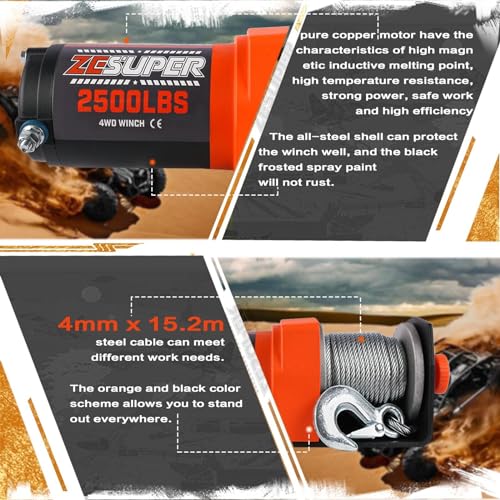 ZESUPER 2500lb Winch 12v Boat Trailer ATV UTV Quad Electric Winch Steel Cable