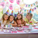 Value Smash Unicorn Party Supplies 24 guests for girls with Birthday Banner, Unicorn Cake Topper, Headband & Sash, Dinning & Dessert plates, Tablecloth, Cups, Forks & Spoons Set, 15 balloons