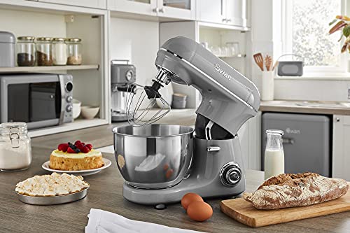 Swan 800W Retro Grey Stand Mixer, Low Noise, Planetary Mixing Action, 8 Stepless Speed and Pulse Function, Rotary Switch Control, SP21060GRN