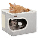 Garnpet Cat Bed for Indoor Cats Cube House, Covered Cat Cave Beds & Furniture with Scratch Pad and Hideaway Tent, Cute Modern Cat Condo for Multi Small Pet Large Kitten Kitty, Grey
