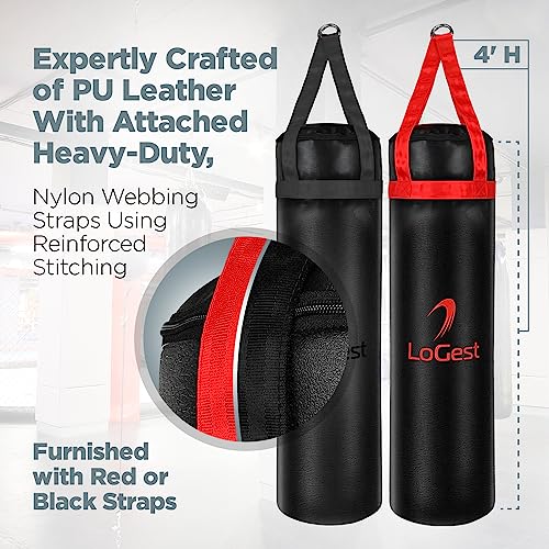 Logest Boxing Bag - Hanging Punching Bag Sports Training Equipment - MMA, Karate, Judo, Muay Thai, Kickboxing - Hanging or Freestanding - Unfilled Max Capacity 100 Lbs - Heavy Punching Bag (Black)