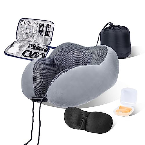 BEOPARY Travel Pillow & Cable Organizer, 100% Pure Memory Foam Neck Pillow 360-Degree Head Support Travel Neck Pillow for Airplane with 3D Eye Masks, Earplugs & Electronics Bag for Travel Accessories