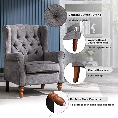 COLAMY Living Room Accent Chairs Set of 2, Thick Upholstered Button Tufted Wingback Armchair Fabric Mid-Century Modern Sofa Arm Chair, Solid Wood Legs Padding Seat, Grey