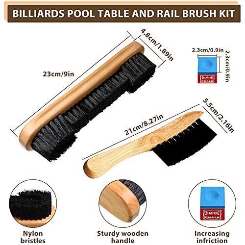 3 Set Billiards Pool Table and Rail Brush Including 12 Pieces Pool Cue Chalk Cubes Snooker Table Wooden Cleaning Brush Kit Table Billiards Accessories, 9 Inches (Beige)