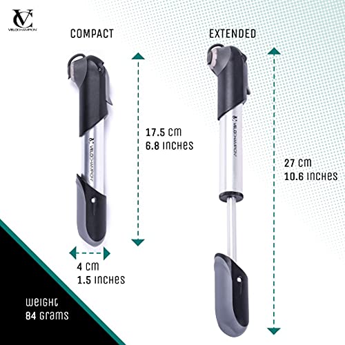 VeloChampion Frame Mounted Alloy 7 Mini Bike Pump Fits Presta (SV) Schrader (AV) Dunlop (DV) 100 PSI. Portable, Compact, Durable and Easy to Use