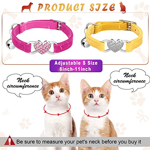 Weewooday 5 Pieces Heart Bling Cat Collar Soft Velvet Kitten Collar with Safety Bell and Love Heart Rhinestone Breakaway Buckle Adjustable for Kitty and Puppy (Black, Red, Blue, Pink, Yellow)