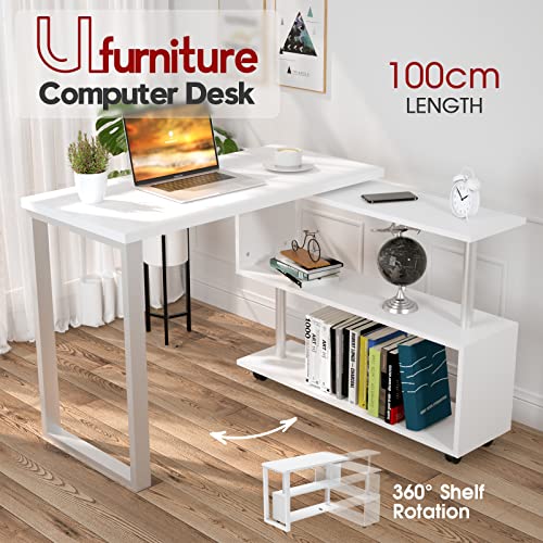 Ufurniture Computer Office Desk 360° Rotating L-Shaped Corner Desks Table Computer Workstation Combo Shelf Storage Space Saving (White)