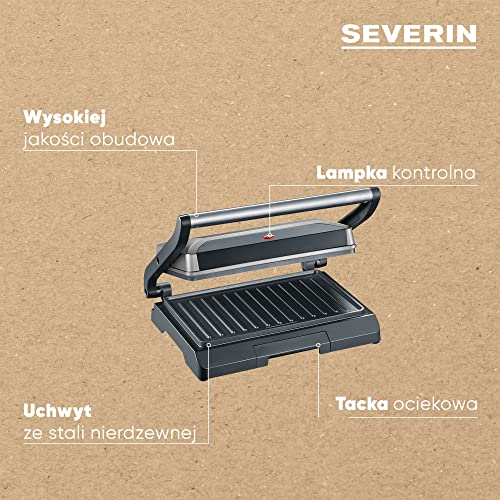 SEVERIN Contact Grill for Sandwiches, Steak and Panini Grill, Non-Stick Sandwich Maker for Grease-free Grilling, 800 W, Metallic Grey/Black, KG 2394