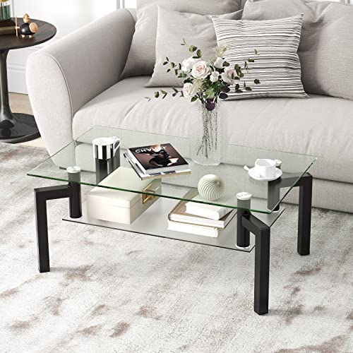 Giantex Rectangular Glass Coffee Table, 2-Tier Modern Accent Table & Tempered Glass Tabletop & Frosted Glass Shelf, Multifunctional Cocktail Table with Heavy-Duty Meal Legs for Living Room, Black