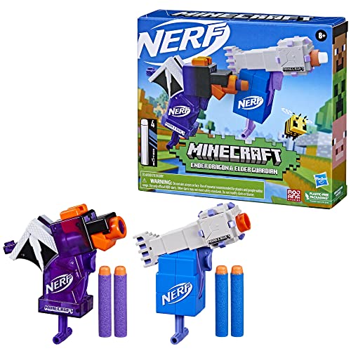 Nerf MicroShots Minecraft Ender Dragon and Elder Guardian Mini Blaster 2-Pack, 4 Nerf Elite Darts, Pull to Prime Handle, Amazon Exclusive