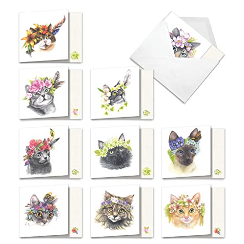 10 'Fabulous Felines' All-Occasion Assortment of Blank Notes - Boxed Square-Top Kitten Greeting Cards - Fun Cat and Animal Stationery Notecards with Envelopes 4 x 5.12 inch AMQ5649OCB-B1x10