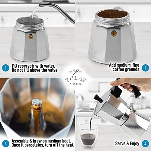 Zulay Classic Stovetop Espresso Maker for Great Flavored Strong Espresso, Classic Italian Style 8 Espresso Cup Moka Pot, Makes Delicious Coffee, Easy to Operate & Quick Cleanup Pot (Silver)