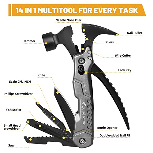 Zune Lotoo Hammer Multitool Camping, Multifunctional Survival Hammer 14 in 1 Stainless Steel Alloy Multi Use Tool with Hammer Pocket Gifts for Engineer Handyman Him Men Dad Gifts