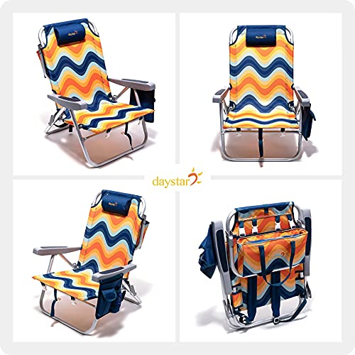 SunnyFeel Reclining Beach Chair Outdoor Folding Lounge Chairs for Adults 5 Position Adjustable with Cooler Bag and Cushioned Neck Rest Backpack Straps, Orange Wave