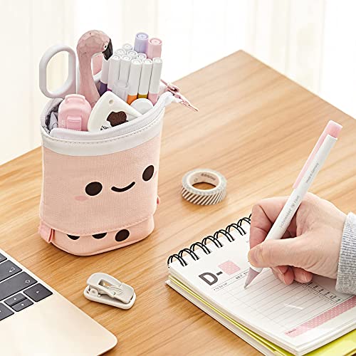 ANGOOBABY Large Pencil Case Big Capacity 3 Compartments Canvas Pencil Pouch  for Teen Boys Girls School Students (Pink Strip Black Grid)
