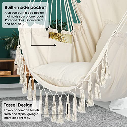 Y-STOP Hammock Chair Hanging Rope Swing, Max 330 Lbs, 2 Cushions Included, Large Macrame Hanging Chair with Pocket, Quality Cotton Weave for Superior Comfort, Durability, Beige