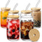 [ 6pcs Set ] Glass Cups with Bamboo Lids and Glass Straw - Beer Can Shaped Drinking Glasses, 16 oz Iced Coffee Glasses, Cute Tumbler Cup for Smoothie, Boba Tea, Whiskey, Water - 2 Cleaning Brushes