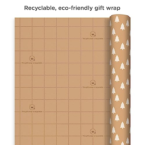 Hallmark Recyclable Kraft Wrapping Paper with Cut Lines (3 Rolls: 90 Sq. Ft. Ttl.) Minimalist Christmas, White Trees, Deer Antlers, Snowflakes on Brown Kraft for Holidays, Weddings, Winter Solstice, 30 Sq Ft (0005JXW1210)