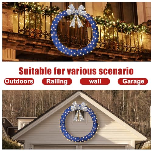 Jexine 47.24 Inches Christmas Wreaths Lighted Christmas Wreath for Front Door Outdoor Wreaths with Lights 200 LED Metal Holiday Decor for Indoor Outdoor Decoration (Blue)