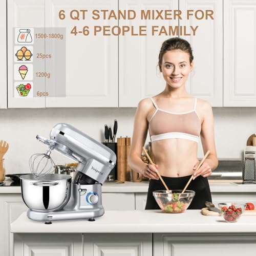 Stand Mixer, Vospeed Food Mixer Dough Blender, 6 QT 1500W Electric Cake Mixer with Bowl, Beater, Hook, Whisk, Egg Separator & Silicone Spatula, Dishwasher Safe (Silver)