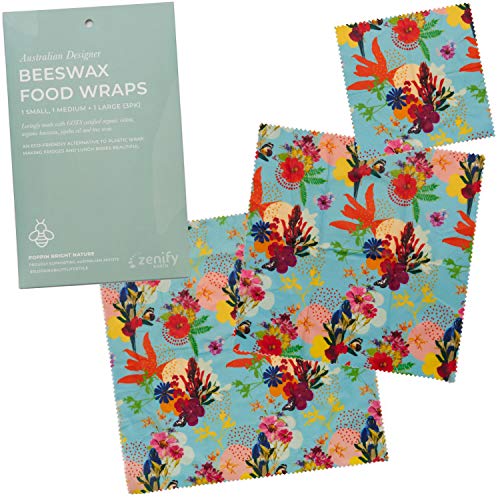 Zenify Earth Beeswax Food Wraps - Set of 3 - Eco Friendly Reusable Food Storage Covers - Australian Owned