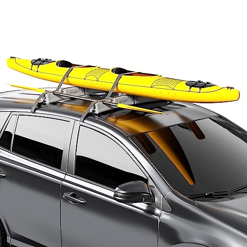 BougeRV Soft Roof Rack pads for Kayak Surfboard SUP Canoe skis, Universal Car Roof Rack for SUVs and Trucks, Lightweight EVA Material Soft Rack with 2 Tie Down Straps & 2 Bulldog Clips Included (Gray)