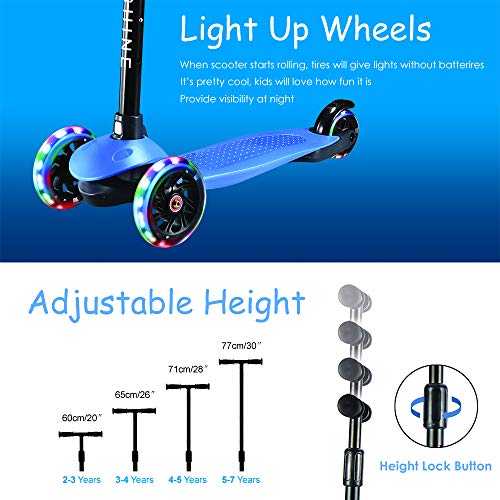 Kids Kick Scooters for Toddlers Boys Girls Ages 2-5 Years Old, Adjustable Height, Extra Wide Deck, Light Up Wheels, Easy to Learn, 3 Wheels Scooters, Blue