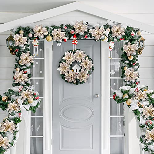 TOYANDONA 12Pcs Christmas Glitter Poinsettia Flowers, Christmas Tree Flower Decorations Artificial Flowers with Stems and Clips for Wedding Party Wreath (Champagne)