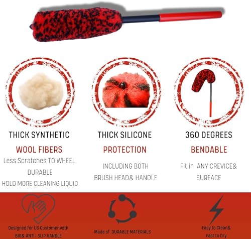 Epzia 4 Pack Long Handle Car Cleaning Kit Wheel Brush Kit - 2X Soft Wheel Woolies Cleaning Brush, Detailing Brush and Stiff Tire Brush, Bendable& Durable Wheel Rim Car Wash Kit
