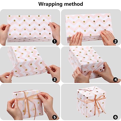 Bigqin 6 Sheet Pink Gift Wrapping Paper Set Recycled 70 * 50cm Gift Decoration Paper for Kids Girls Women Christmas Birthday Holiday Valentine's Day Mother's Day Present Box, with Rope and Tape