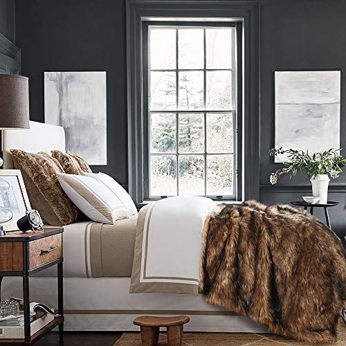 Luxury Plush Faux Fur Blanket King Size, Long Pile Brown with Black Tipped Blanket, Oversized Super Warm, Fuzzy, Elegant, Fluffy Decoration Blanket Scarf for Sofa, Armchair, Couch and Bed, 104"x90"
