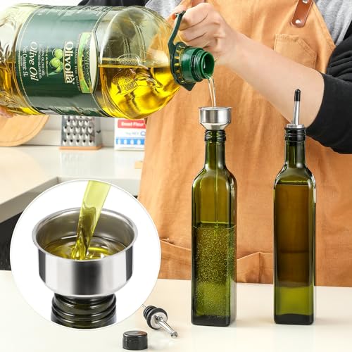 AOZITA 17oz Glass Olive Oil Bottle Dispenser - 500ml Green Oil and Vinegar Cruet with Pourers and Funnel - Olive Oil Carafe Decanter for Kitchen