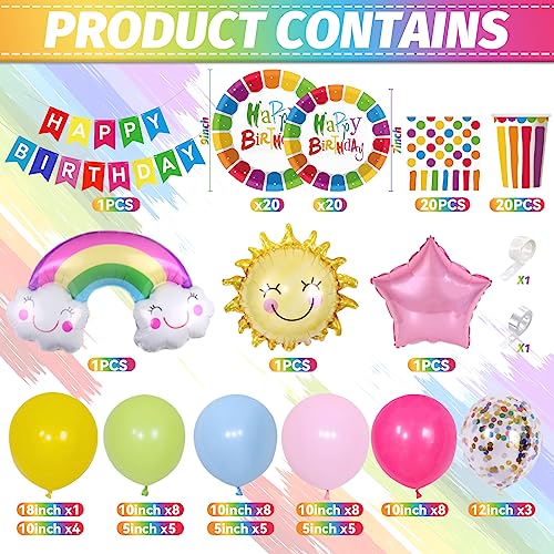 Rainbow Party Tableware Set, 141PCS Birthday Paper Plates Cups and Napkins, Kids Birthday Decorations with Balloons, for Baby Shower, Rainbow Theme Boys Girls Brithday Party Supplies, 20 Guests