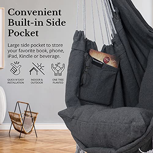 KOMOREBI Hammock Chair | Hanging Rope Swing for Indoor & Outdoor | Soft & Durable Cotton Canvas | 2 Cushions Included | Large Macrame Hanging Chair with Pocket for Bedroom, Patio, Porch (Grey)