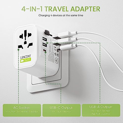 LENCENT Universal Travel Adaptor Plug with 2 USB Ports and 1 Type C, Grounding International Power Adapter with UK/USA/EU/AUS Plug, Worldwide Travel Charger for Over 200 Countries in The World