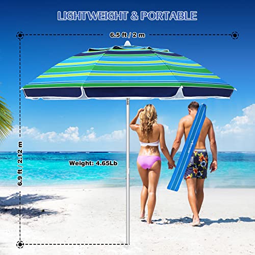 FEFLO Beach Sand Umbrella Portable Outdoor: 6.5 ft Large Striped Heavy Duty Wind Proof UV 50+ Parasol with Anchor Adjustable Tilt Pole 8 Ribs Carry Bag Lightweight