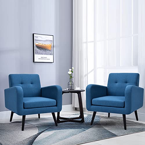 Giantex Mid Century Modern Upholstered Accent Chair, w/Rubber Wood Legs, Comfy Armchair, Linen Fabric Single Sofa for Living Room, Bedroom, Office, Blue