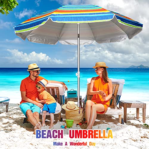 WILLBOND 3 Pack Beach Umbrellas for Sand 6.5FT Outdoor Portable Beach Umbrella with Sand Anchor UV 50+ Windproof Sunshade Umbrella with Tilt Pole Carry Bag for Beach Patio Garden (Red Blue Stripes)