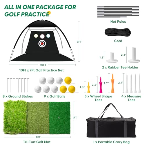 OYN Golf Net, 10x7ft Durable Golf Practice Net for Backyard Driving & Garage - All-in-1 Golf Hitting Net with Golf Mat, 9 Golf Balls, 9 Golf Tee, and Carry Bag for Training